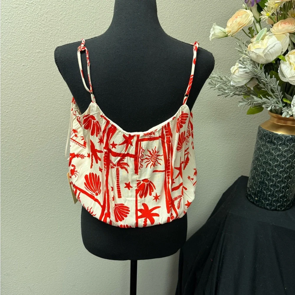 NWT Peach Red Cream Shell Print Crop Tank Top Button Detail Resort Summer M - Picture 3 of 8